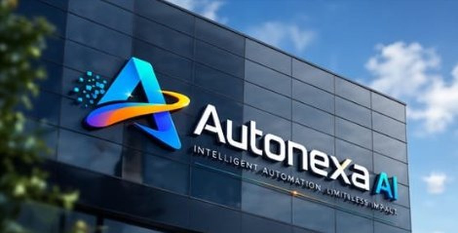 AutoNexa AI logo mounted on a modern glass office building under a clear blue sky